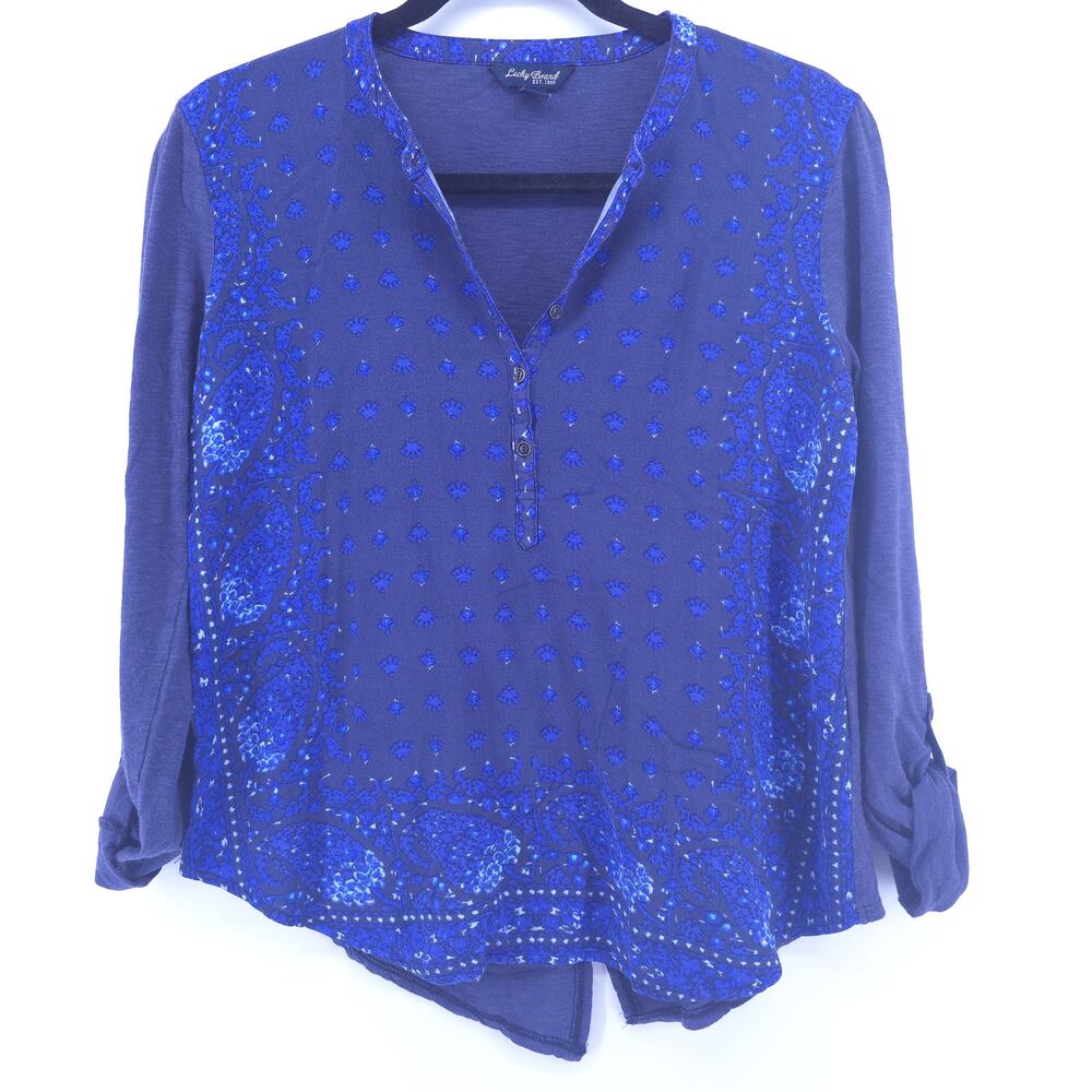 Lucky Brand Womens Western Cowgirl Navy Blue Bandana Henley Tunic Roll Sleeves S